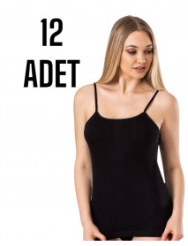 Gümüş İp Askılı Düz Kadın Atlet Siyah 12 li Paket