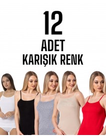 Gümüş İp Askılı Düz Kadın Atlet Karışık 12 li Paket